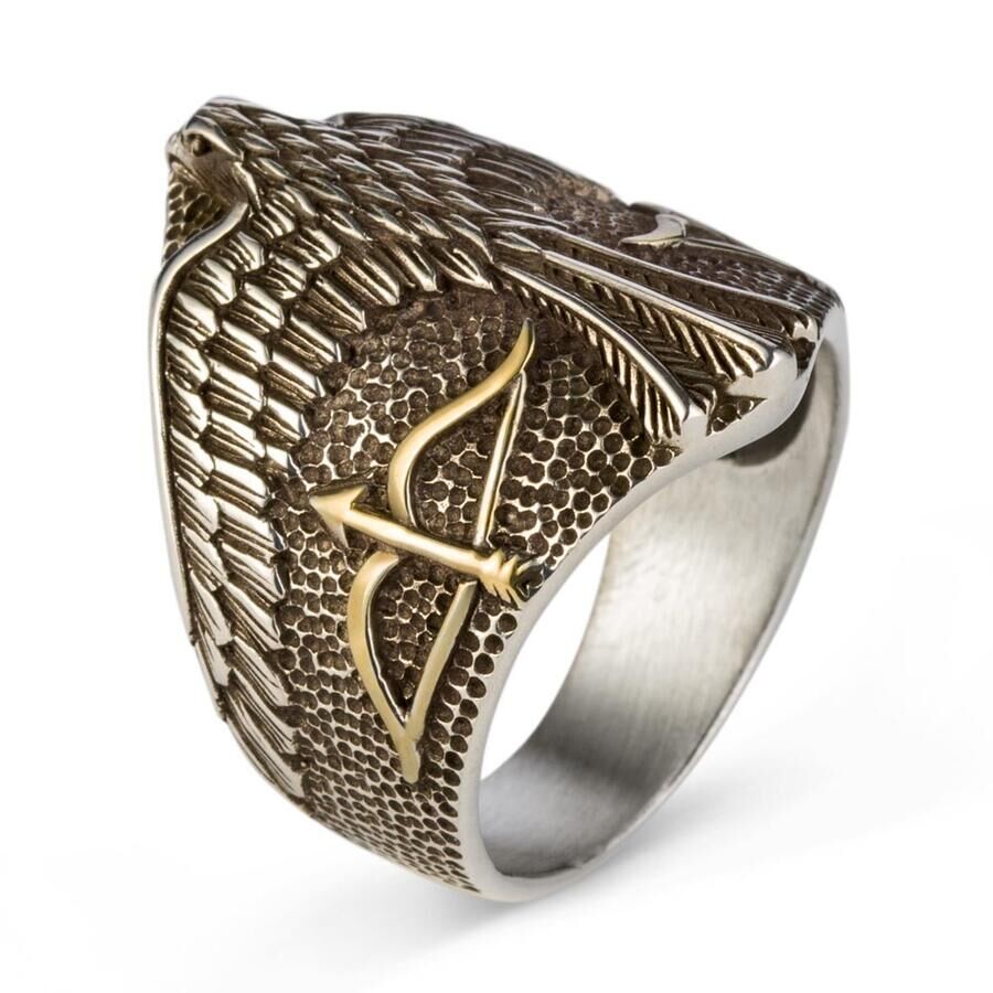 Men's silver ring with a falcon and arrow design - 6