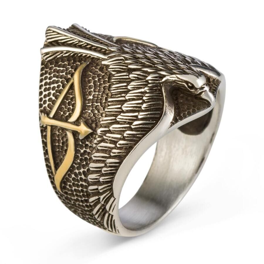 Men's silver ring with a falcon and arrow design - 1