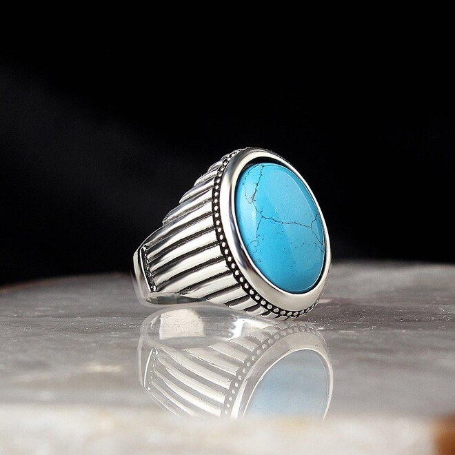 Men's silver ring with a round turquoise stone - 1