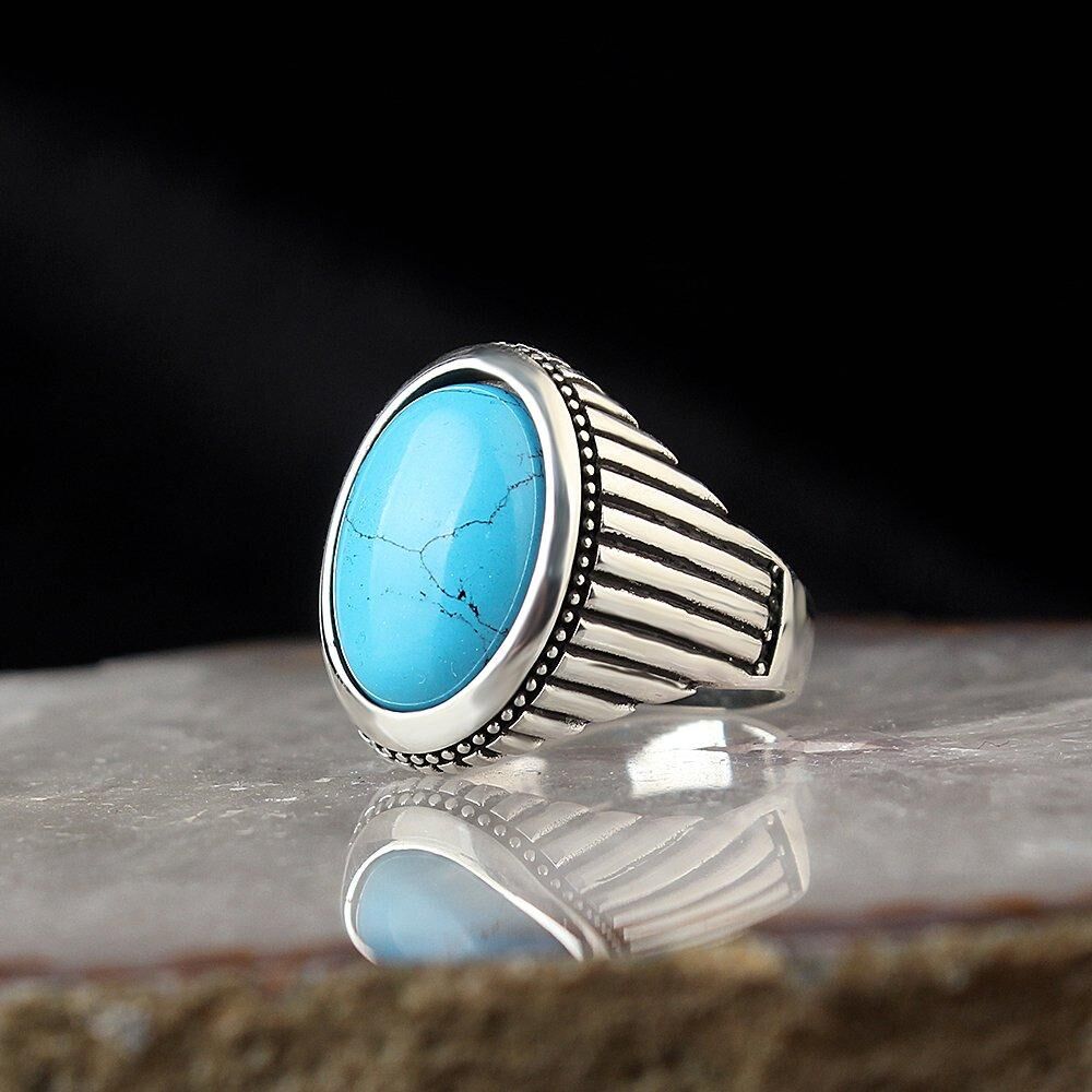 Men's silver ring with a round turquoise stone - 2