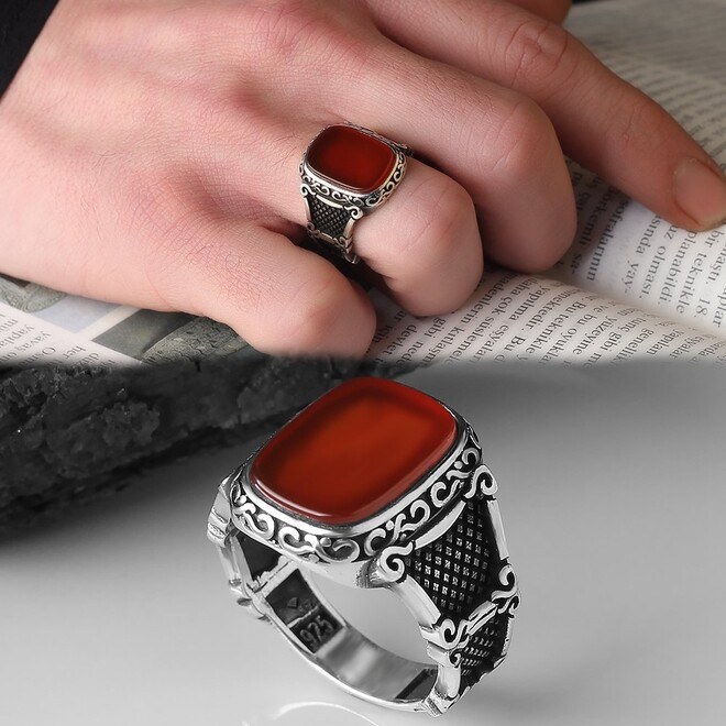 Men's silver ring with a square-shaped agate stone - 2