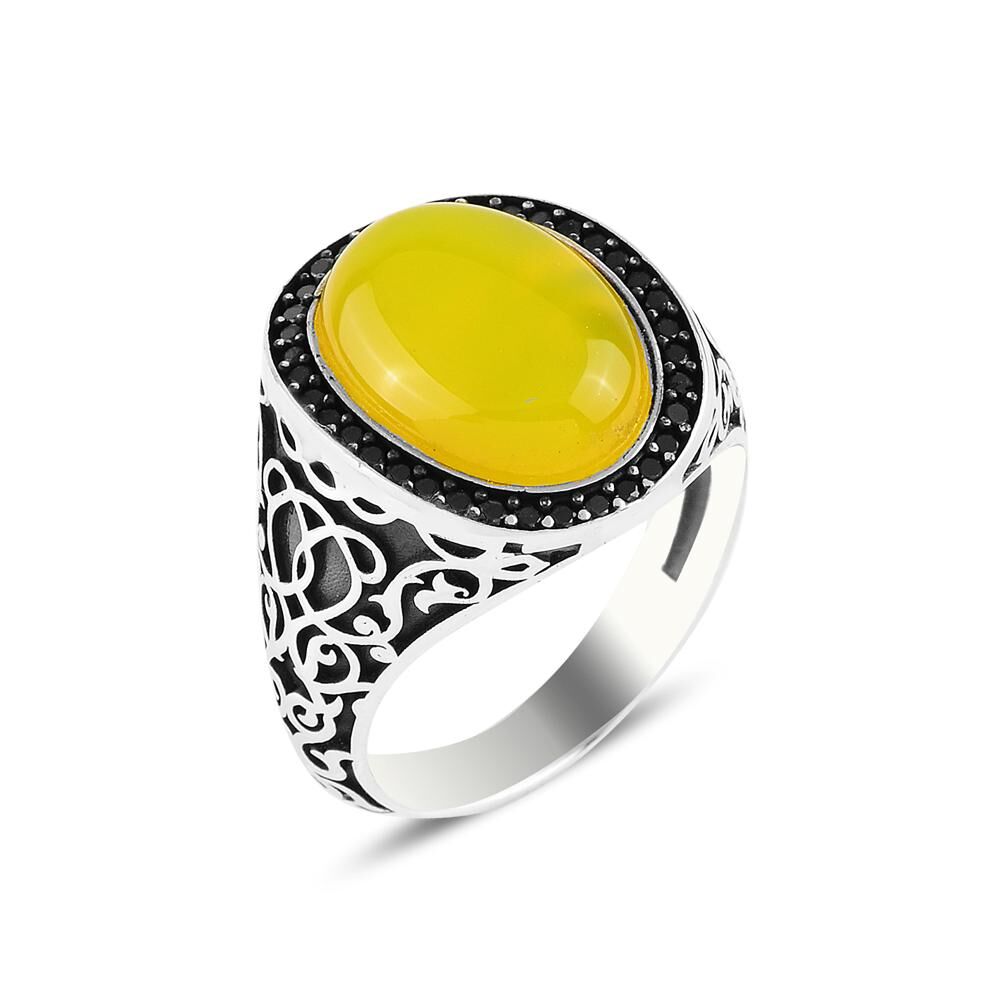 Men's silver ring with agate stone design - 1