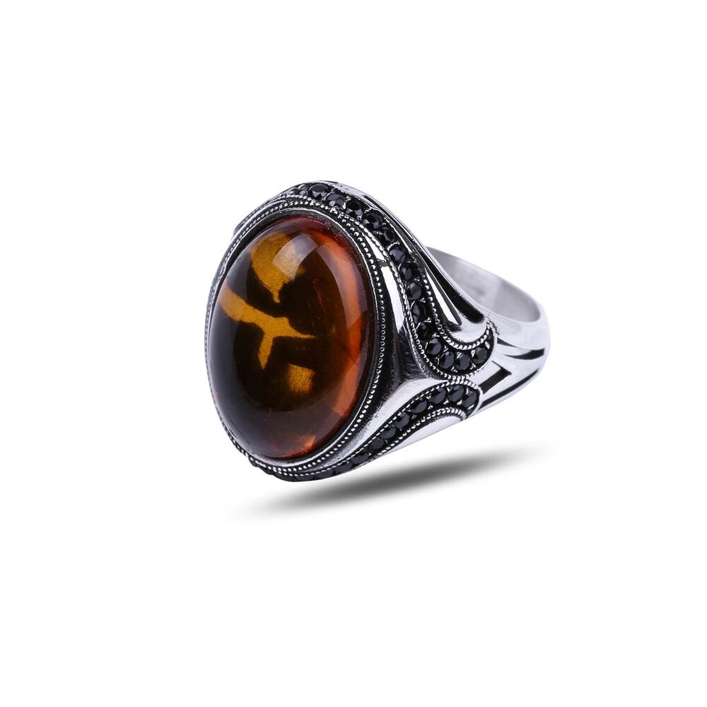 Men's silver ring with amber stone without engraving - 1