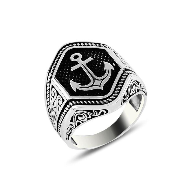 Men's silver ring with anchor engraving on the sides and surface of the ring - 1