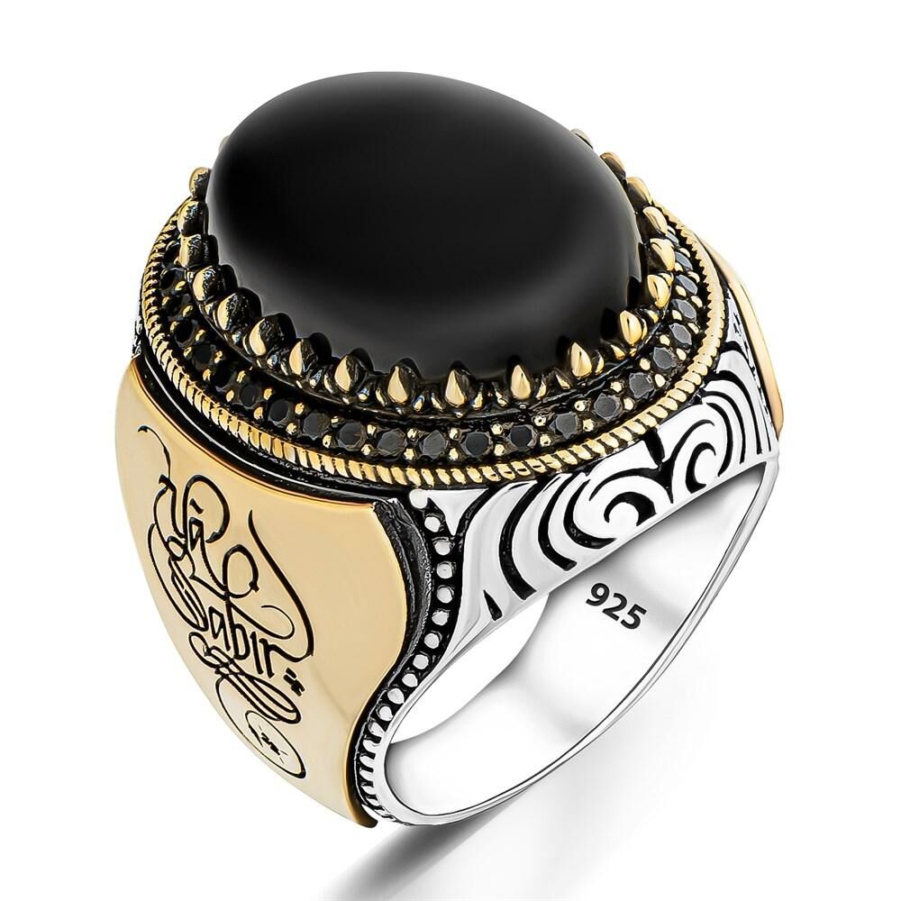 Men's silver ring with black onyx stone engraving the word patience - 7