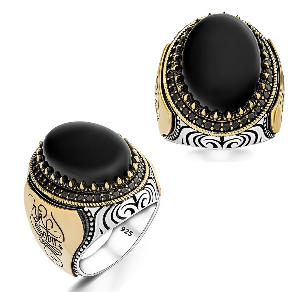 Men's Black Onyx Ring - Men's Silver Ring with Engraving - 925 Silver
