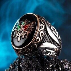 Men's silver ring with black onyx stone with Ottoman engraving - 3
