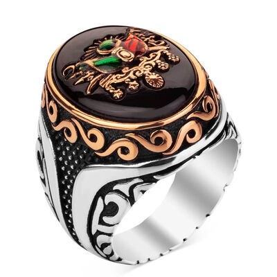 Men's silver ring with black onyx stone with Ottoman engraving - 1