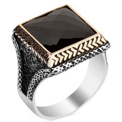 Men's silver ring with black zircon stone in a square shape - 1