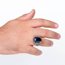 Men's silver ring with blue tiger's eye stone sword engraving - 3