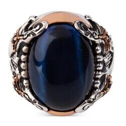 Men's silver ring with blue tiger's eye stone sword engraving - 4