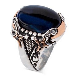 Men's silver ring with blue tiger's eye stone sword engraving - 1