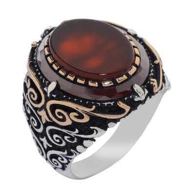 Men's silver ring with brown agate stone - 1