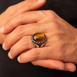 Mens silver ring with brown tiger eye stone - 4