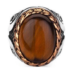 Mens silver ring with brown tiger eye stone - 5