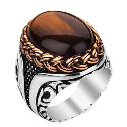 Mens silver ring with brown tiger eye stone - 1