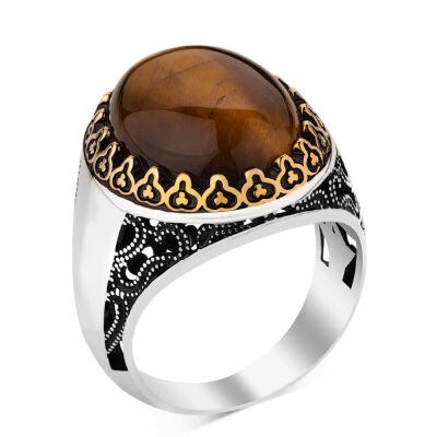 Mens silver ring with brown tiger eye stone is customizable - 1
