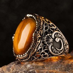 Men's silver ring with brown tiger's eye stone waw engraving - 2