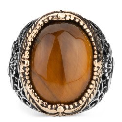 Men's silver ring with brown tiger's eye stone waw engraving - 3