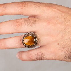 Men's silver ring with brown tiger's eye stone waw engraving - 4