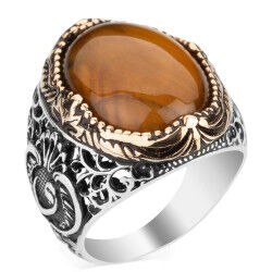 Men's silver ring with brown tiger's eye stone waw engraving - 1