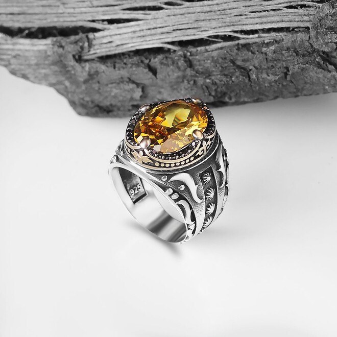 Men's Silver Ring with Citrine Stone - 1