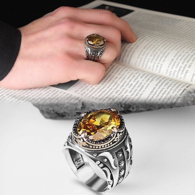 Men's Silver Ring with Citrine Stone - 3
