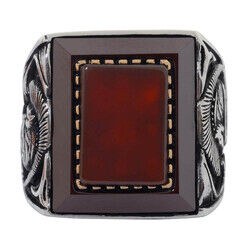 Men's silver ring with Claret red agate stone with rectangular engraving - 2