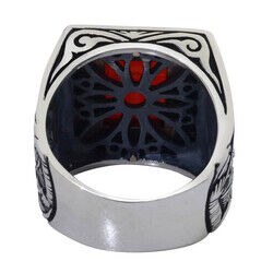 Men's silver ring with Claret red agate stone with rectangular engraving - 4