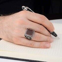 Men's silver ring with Claret red agate stone with rectangular engraving - 5