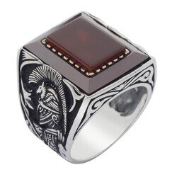 Men's silver ring with Claret red agate stone with rectangular engraving - 1