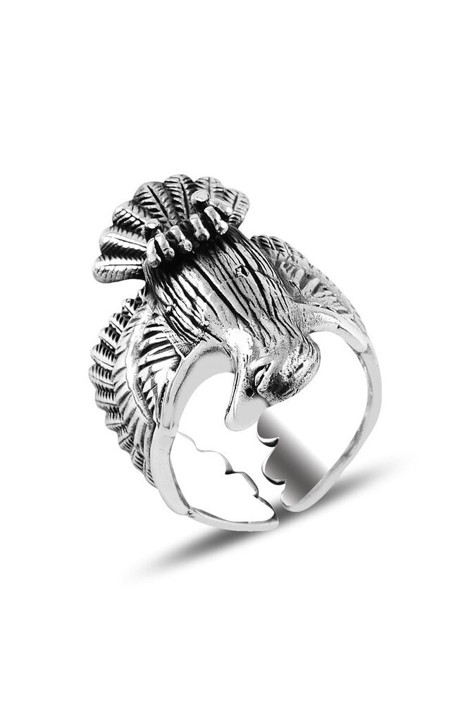 Mens silver ring with eagle design with wings not closed - 1
