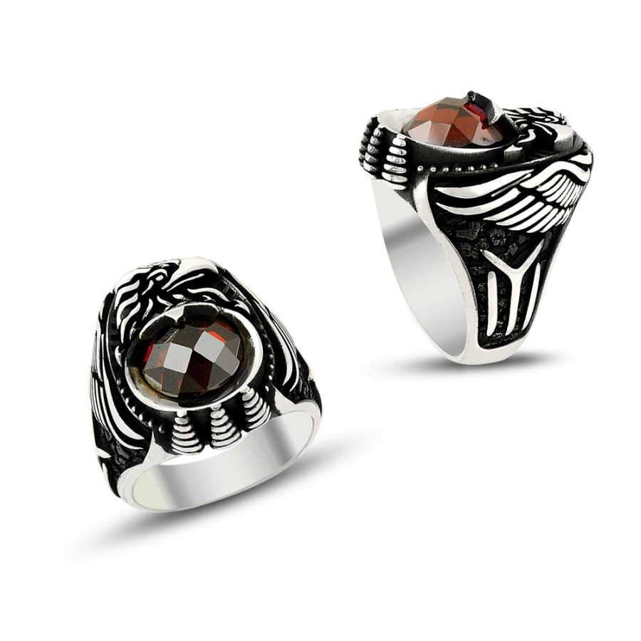 Men's silver ring with eagle stone with Cai engraving - 1