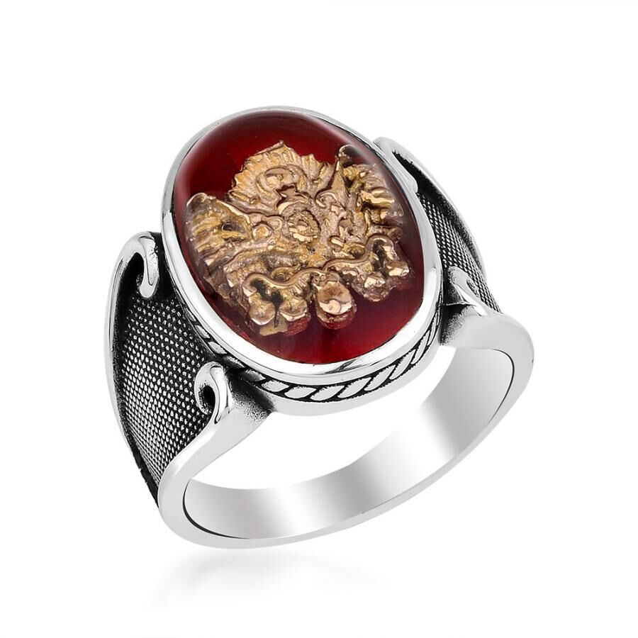 Men's silver ring with enamel stone with Ottoman logo engraving - 1