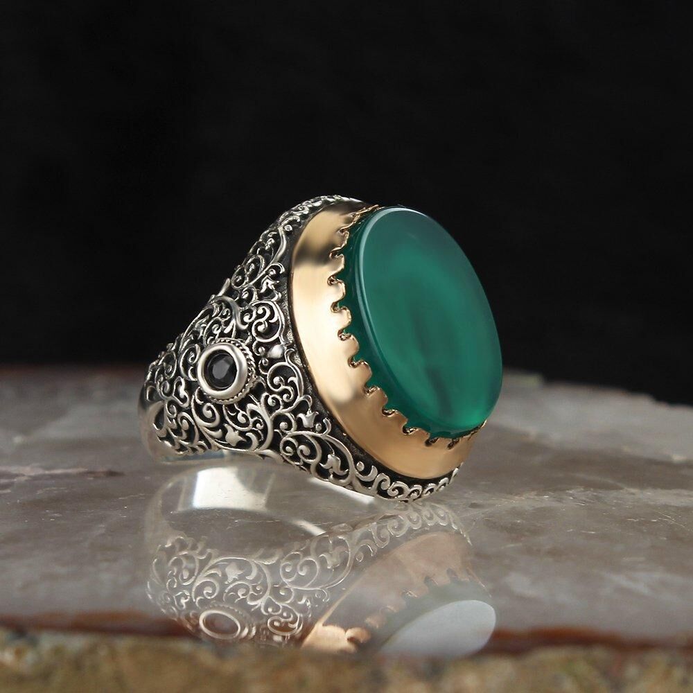 Men's silver ring with flat agate stone - 1