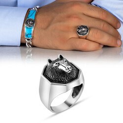 Men's silver ring with gray wolf head engraving - 2
