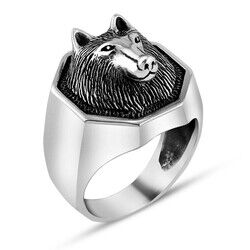 Men's silver ring with gray wolf head engraving - 1