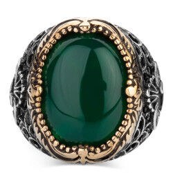 Men's silver ring with green aqeeq stone, engraving the letter V - 2