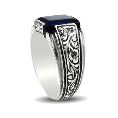 Men's silver ring with hand-engraved blue sultan stone - 2