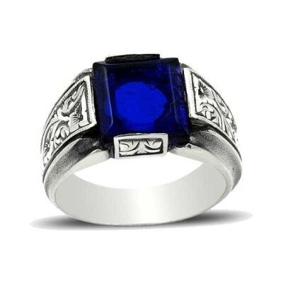 Anı Yüzük - Men's silver ring with hand-engraved blue sultan stone