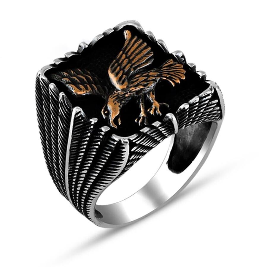 Tiger-Eye Natural Gemstone Falcon Jewelry Sterling Silver Men Ring