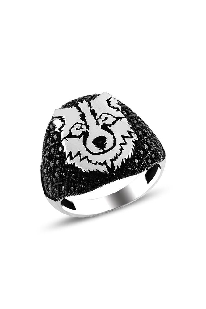 Men's silver ring with micro stone with wolf inscription - 1