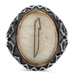 Men's silver ring with mother-of-pearl (oval) stone alif engraving - 2