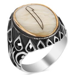 Men's silver ring with mother-of-pearl (oval) stone alif engraving - 1