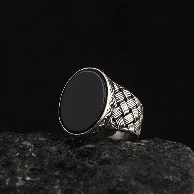 Men's silver ring with onyx round stone - 3