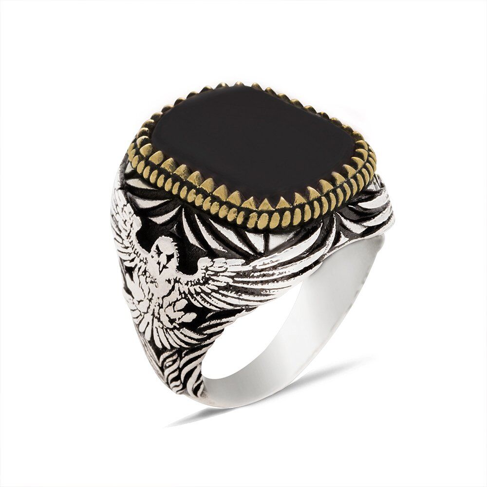 Men's Silver Ring with Onyx Stone with an Eagle Engraving - 1