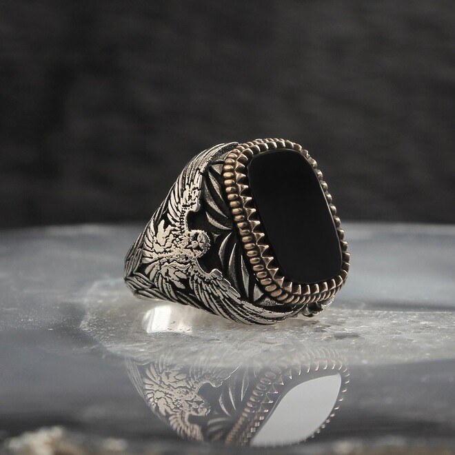 Men's Silver Ring with Onyx Stone with an Eagle Engraving - 2