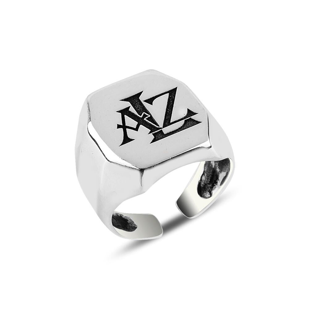 Mens silver ring with personalized letter engraving square - 1