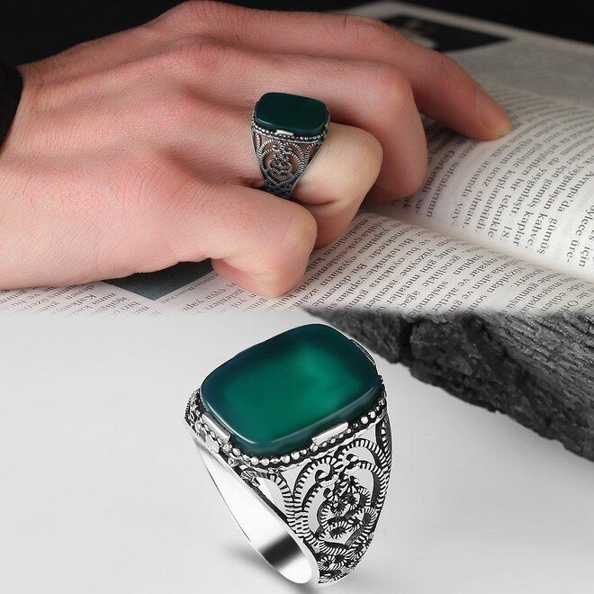 Men's silver ring with quiet agate stone - 3