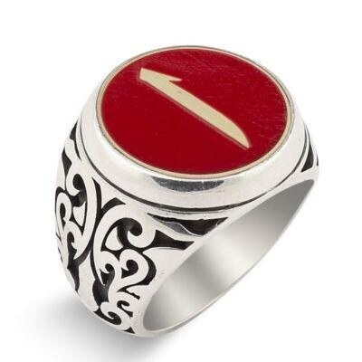 Men's Silver Ring with Red Enamel Stone. - 4